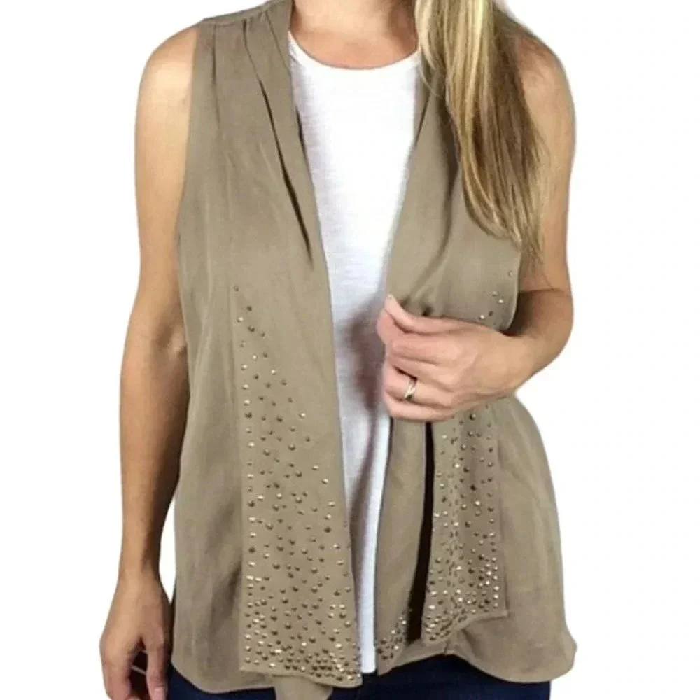 Cache Silk Blend Sleeveless Open Front Studded Vest Women Size M Brown Waterfall
